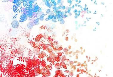 Açık mavi, kırmızı vektör yapraklı karalama arkaplanı. Yapraklarla karalama tarzında renkli çizimler. Web ve broşürler için elle boyanmış tasarım.