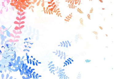 Açık mavi, kırmızı vektör çizimi ve yapraklar. Origami tarzındaki yaprakların gradyanlı karalama çizimi. Web siteleri ve pankartlar için desenli desen.