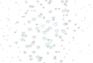 Kalpli hafif Mavili vektör arkaplanı. Romantik bir şekilde renkli kalplerle soyut bir tasvir. Sevgililer Günü kartpostalları için şablon.