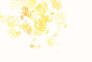 Hafif Turuncu, yapraklı, çiçekli zarif bir arka plan. Yaprak ve çiçeklerle süslenmiş soyut bir çizim. Duvar kağıdı tasarımınız için yeni bir doku.