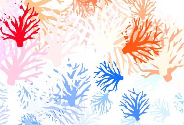 Açık mavi, kırmızı vektör, dallı doğal zemin. Yapraklar ve dallarla karalama tarzında renkli çizimler. İş tasarımınız için yepyeni bir tarz.