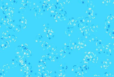 Cebir elemanlarıyla hafif BLUE vektör düzeni. Beyaz arkaplanda gradyanı olan renkli matematiksel işaretler. Okul ve dil bilgisi siteleri için desen.