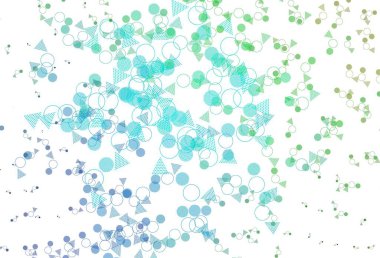 Açık mavi, çemberli çokgen biçimli yeşil vektör arkaplan. Küreleri ve üçgen çizgileri olan soyut çizimler. Reklamlarınız için akıllı tasarım.