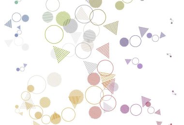 Aydınlık çokrenkli vektör dokusu ve daireler ile üçgen biçiminde. Çemberler, soyut arkaplan çizgileri ve renkli gradyanlar. Duvar kağıtları için şablon.