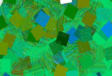 Açık mavi, daireli, çizgili, dikdörtgenli sarı vektör düzeni. Renkli daireler, üçgenler, kareler çizilmiş bir resim. Broşürler, broşürler için desen