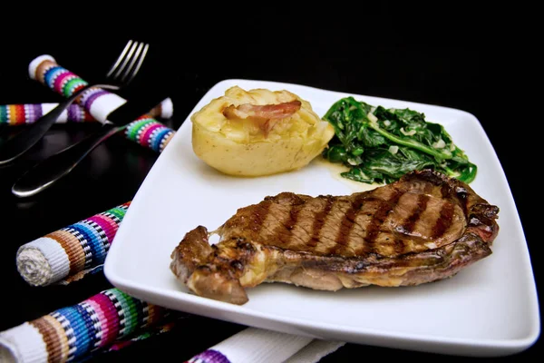 Restaurant Beef Steak Stuffed Potato Creamy Spinach — Stock Photo, Image