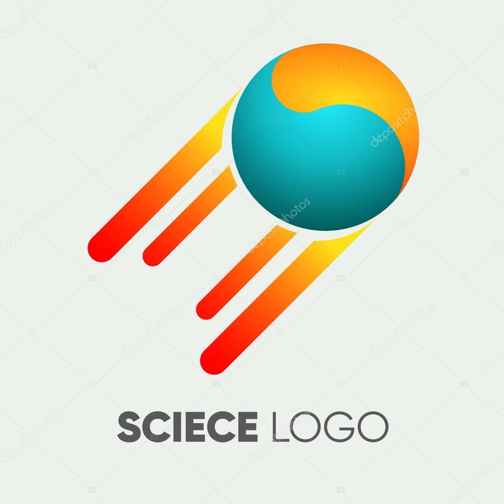 Logo chemistry, science, medicine. Modern communications technology. Science and space logo. Innovation and solar energy. Soviet space satellite