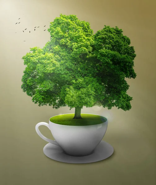 Yeşil çayır ve bir fincanda ağaçlar. Piknik. Doğada kahvaltı. Bir ağacın gölgesinde, çayırda sabah kahvesi