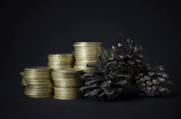 Siyah arka planda Noel oyuncakları ve bozuk paralar. Kazakistan tentesi ve Noel süsü. Sikkeler kazastan tenge 2020. Kazak parası ve yeni yıl oyuncakları, koniler, böğürtlenler.