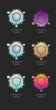 Çokgen logolar. Geometrik logo elemanları. Modern 3D logo. Soyut geometrik şirket imzası ve logo elemanları. Logo bilimi, kimya ve fizik