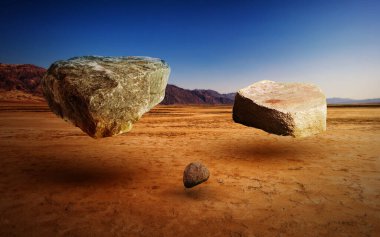 Havada süzülen üç boyutlu illüstrasyon taşları ve taşlar. Kızıl bir çölün üzerinde havada süzülen kayaların muhteşem bir çizimi. Havada yüzen taşların soyut 3D çizimi. Uçan taş.