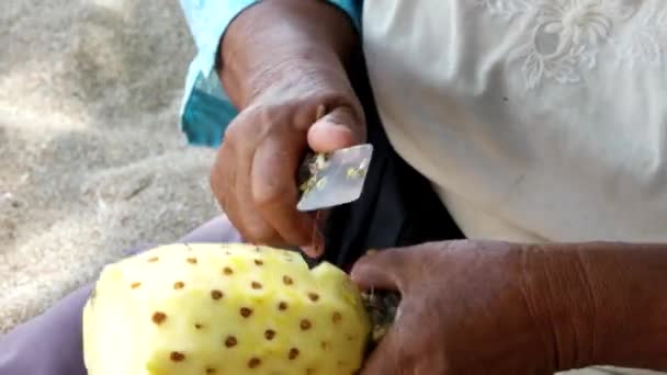 Loupání ananas se sekyrou na Bali beach — Stock video