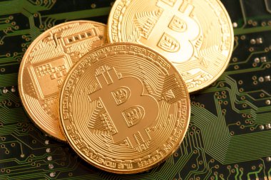 Devre kartı üzerinde altın Bitcoin Cryptocurrency.