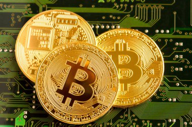 Devre kartı üzerinde altın Bitcoin Cryptocurrency.