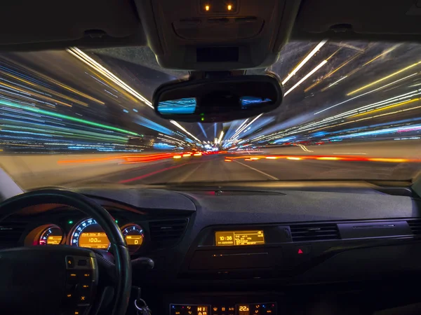 Auto Hoge Snelheid Rijden Nachts Uitzicht Vanaf Een Auto — Stockfoto