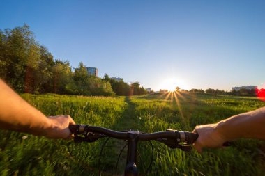 Arka planda yeşil çayır olan bir bisikletin gidonunu tutan eller.