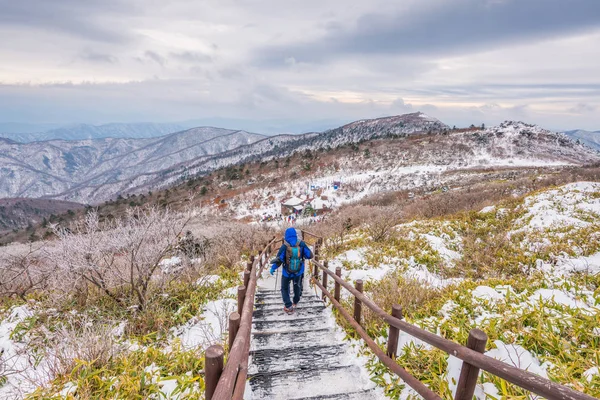 Pendaki di pegunungan musim dingin, musim dingin pemandangan salju putih Mounta — Stok Foto