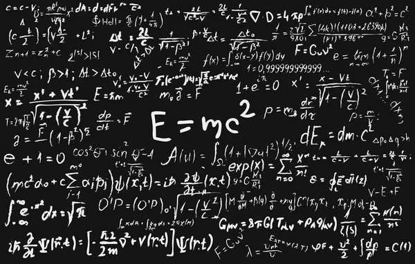 Tafel mit wissenschaftlichen Formeln und Berechnungen in Physik und Mathematik. — Stockvektor