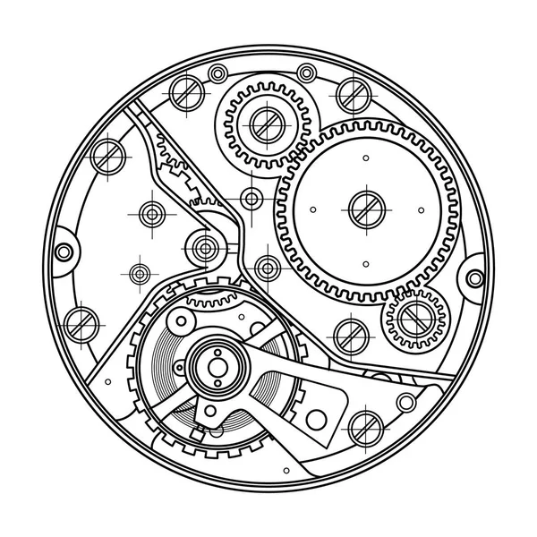 Механические часы с шестернями. Рисунок внутреннего устройства. Его можно использовать как пример гармоничного взаимодействия сложных систем, технических, инженерных и научных исследований, высоких технологий. . — стоковый вектор