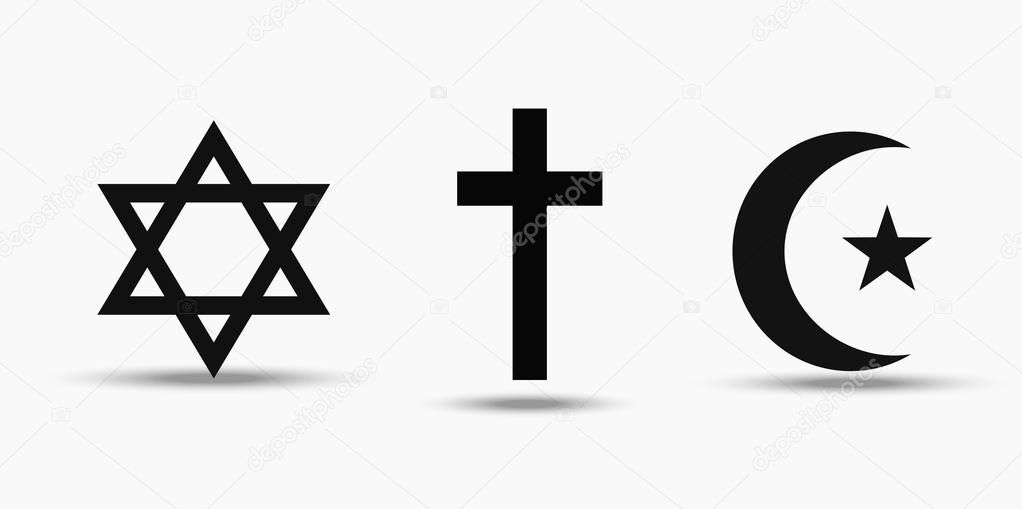 Symbols of the three world religions - Judaism, Christianity and Islam.