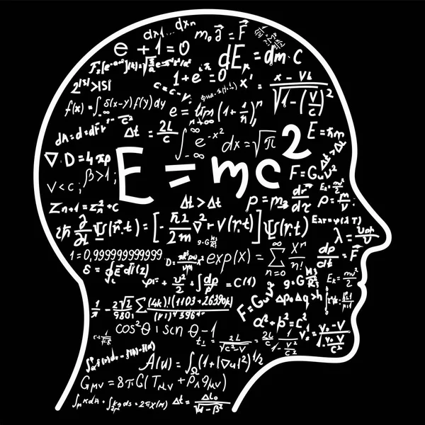 Pensamento científico. Esboço da cabeça preenchendo fórmulas de matemática e física. Pode ilustrar tópicos relacionados à ciência . —  Vetores de Stock