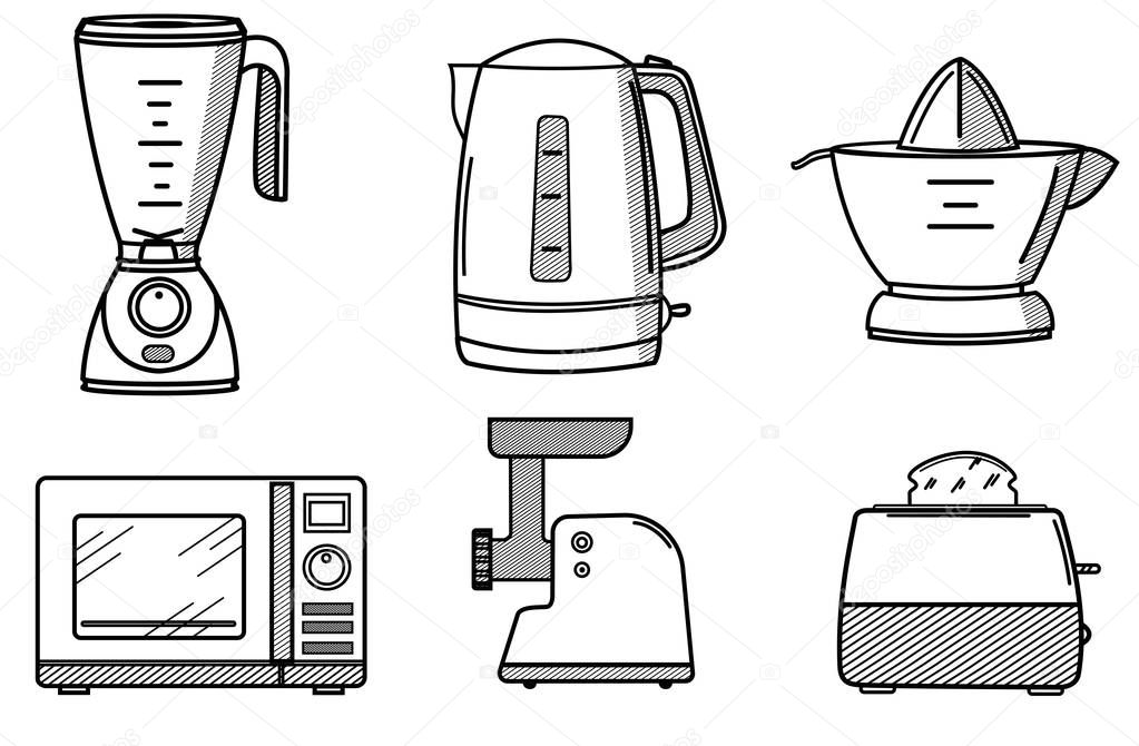 Set of kitchen appliances in the style of line art.