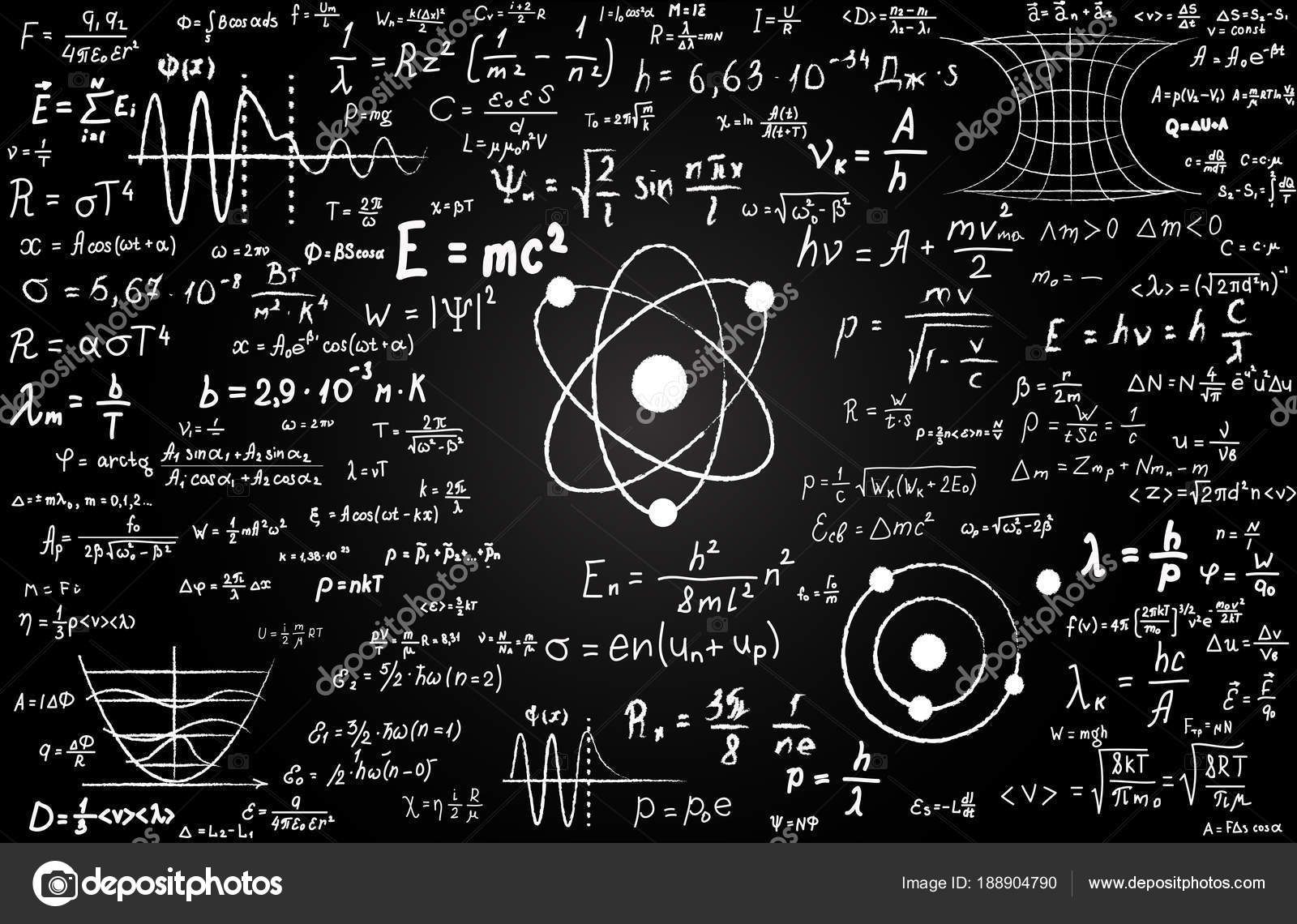 Pizarra inscrita con fórmulas científicas y cálculos en física y ...