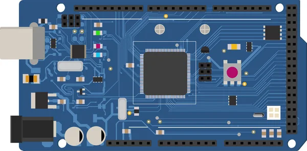 Placa mega eletrônica DIY com um microprocessador, interfaces, LEDs, conectores e outros componentes eletrônicos, para formar o básico de casa inteligente, robótica e muitos outros projetos relacionados à eletrônica —  Vetores de Stock