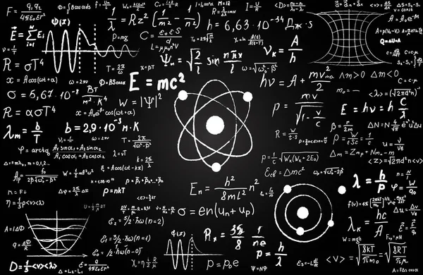 Quadro negro inscrito com fórmulas científicas e cálculos em física e matemática. Pode ilustrar tópicos científicos ligados à mecânica quântica, teoria da relatividade e quaisquer cálculos científicos — Vetor de Stock