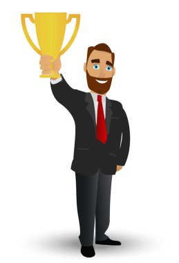 Başarı, simgeleyen bir gold Kupası tutan işadamı kazanan ve yüksek başarı. Karakter karikatür tarzı düz tasvir.