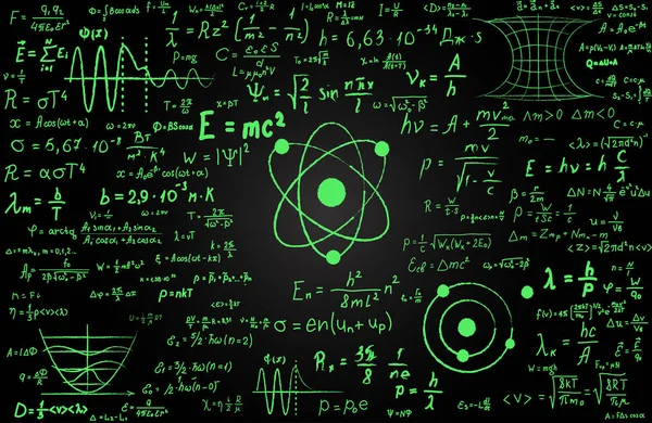 Pizarra inscrita con fórmulas científicas y cálculos en física y matemáticas. Puede ilustrar temas científicos vinculados a la mecánica cuántica, la teoría de la relatividad y cualquier cálculo científico — Vector de stock