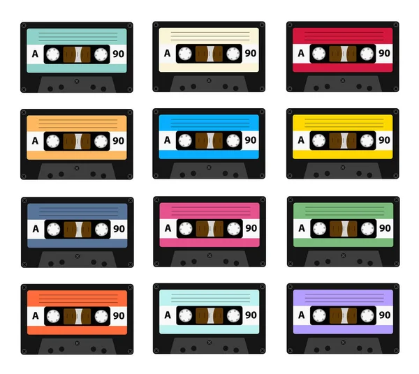 Set of audio cassette old tape recorders used in the 80s of the 20th century. It can be used as an illustration of the history of the technology of sound reproduction technology. — Stock Vector