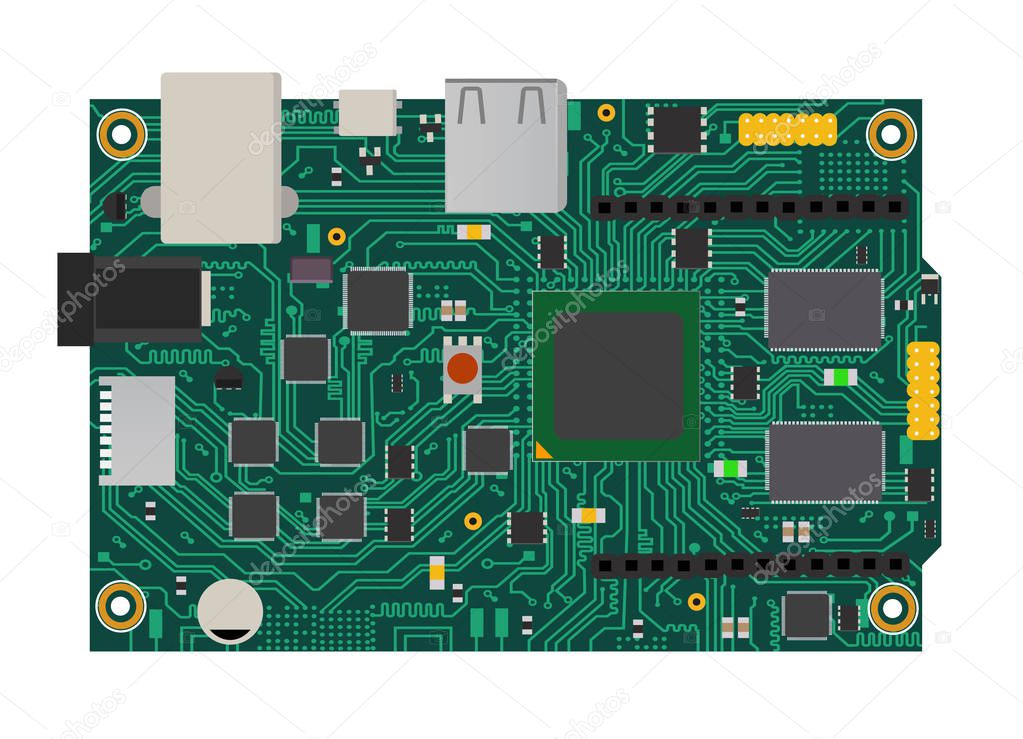 DIY electronic mega board with a microprocessor, interfaces, LEDs, connectors, and other electronic components, to form the basic of smart home, robotic, and many other projects related to electronics