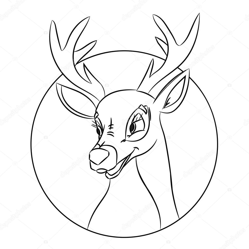 Hand drawn deer head coloring page, picture made in classic cartoon style.