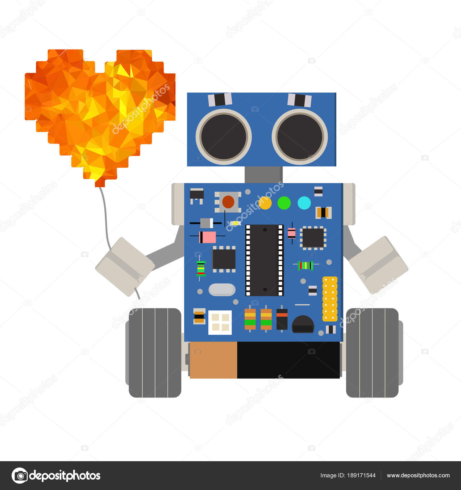 Cute little cartoon robot holding a balloon in the form of heart ...