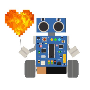 Sevimli küçük karikatür robot kalp şeklinde bir balon tutuyor. Gösterim amacıyla ulusal aşk Robot günün.