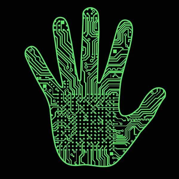 Силуэт мужской руки с высокотехнологичным рисунком компьютерной платы может иллюстрировать научные идеи, связанные с искусственным интеллектом, искусственными нейронными сетями, развитием технологий — стоковый вектор