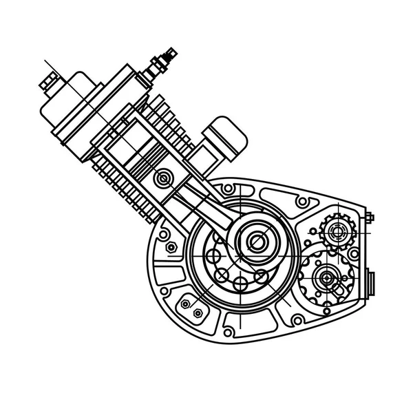 Motocicleta diseño del motor aislado en fondo negro. Se puede utilizar como ilustración para la alta tecnología, sistemas y mecanismos, motores, desarrollo de ingeniería e investigación . — Archivo Imágenes Vectoriales
