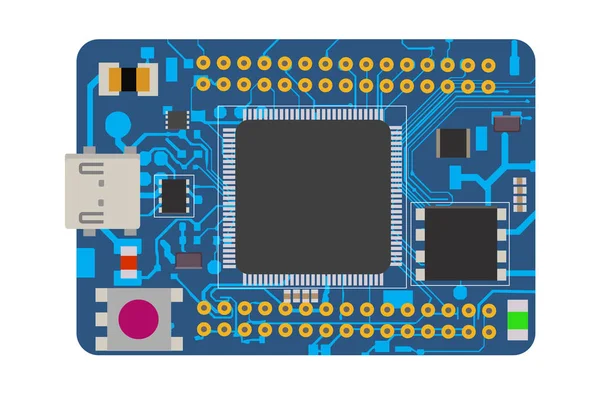 Mini placa eletrônica DIY com um microcontrolador, LEDs, conectores e outros componentes eletrônicos . —  Vetores de Stock