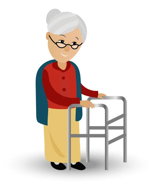 Пожилая женщина на ходунке нуждается в медицинской помощи. Может иллюстрировать темы, связанные с преклонным возрастом, медицинским обслуживанием инвалидов — стоковый вектор