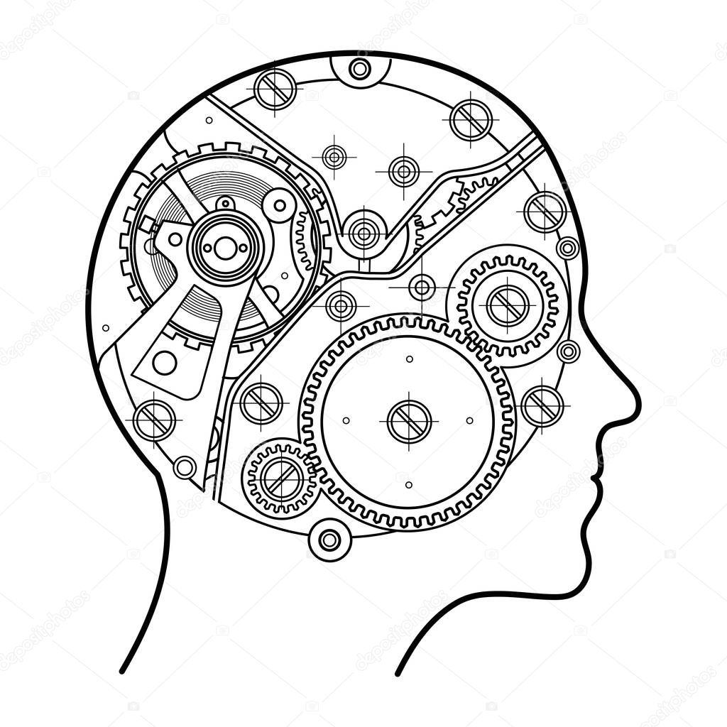 The mechanism of human thinking. It is depicted in the form of a clock mechanism with gears and screws located inside the human head.