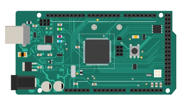 DIY electronic mega board with a microprocessor, interfaces, LEDs, connectors, and other electronic components, to form the basic of smart home, robotic, and many other projects related to electronics — Stock Vector