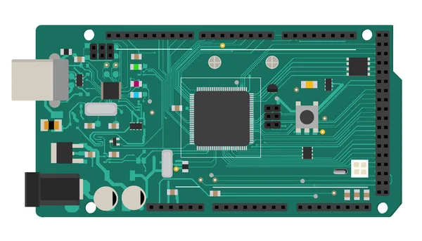 Placa mega eletrônica DIY com um microprocessador, interfaces, LEDs, conectores e outros componentes eletrônicos, para formar o básico de casa inteligente, robótica e muitos outros projetos relacionados à eletrônica —  Vetores de Stock