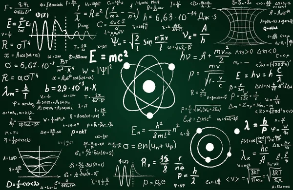 Pizarra inscrita con fórmulas científicas y cálculos en física y matemáticas. Puede ilustrar temas científicos vinculados a la mecánica cuántica, la teoría de la relatividad y cualquier cálculo científico — Archivo Imágenes Vectoriales