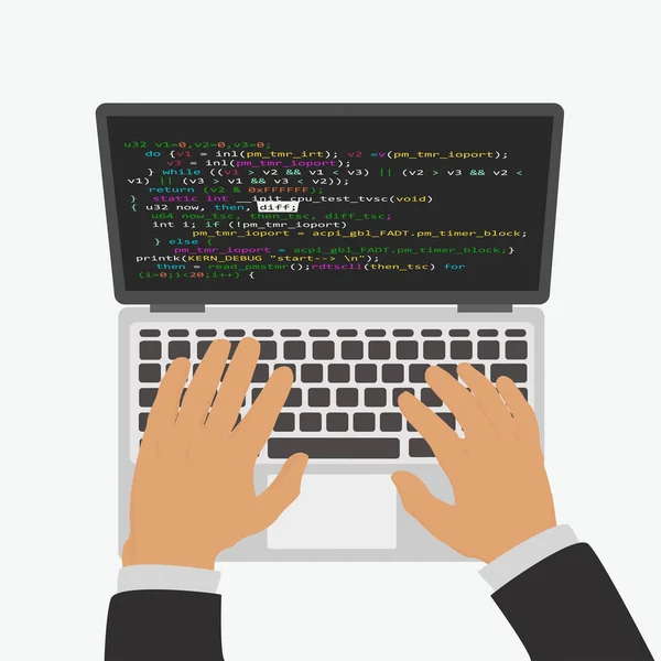The programmer develops a program code in the editor integrated development environment. — Stock Vector