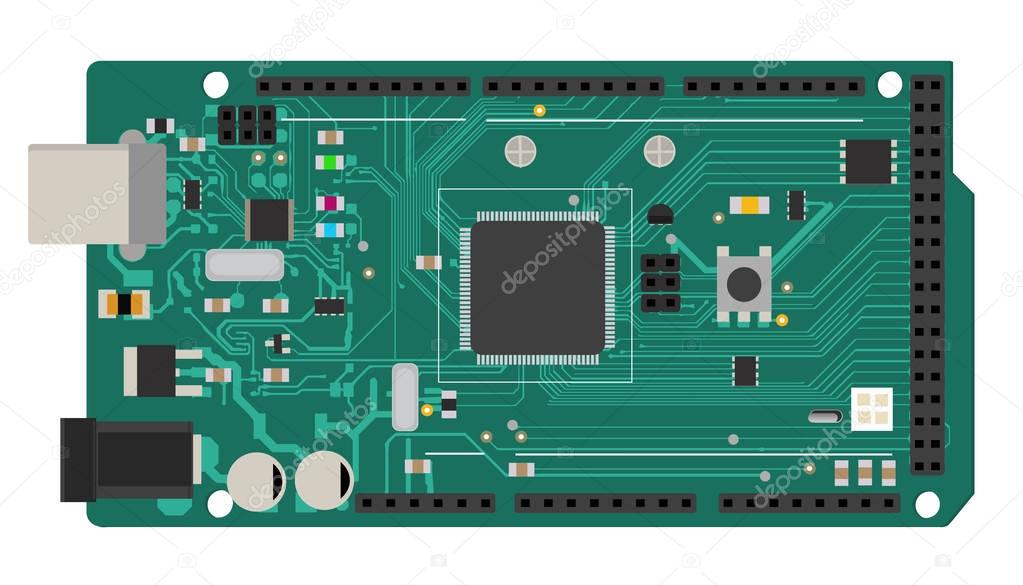 DIY electronic mega board with a microprocessor, interfaces, LEDs, connectors, and other electronic components, to form the basic of smart home, robotic, and many other projects related to electronics