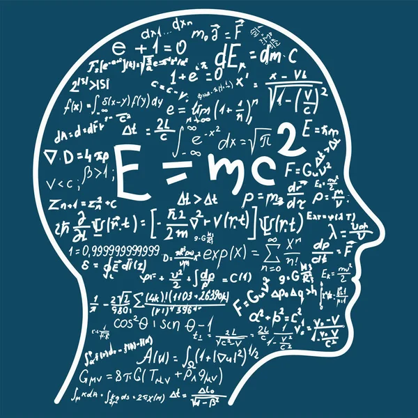 科学的思考。数学と物理の数式を充填ヘッドの概要。科学に関連するトピックを説明することが. — ストックベクタ