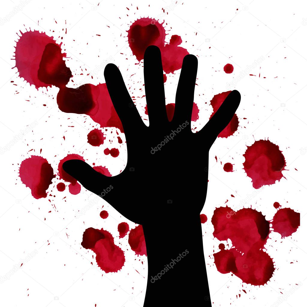 Splashes of blood and hand black silhouette. may illustrate the theme of violence, terrorism and war.