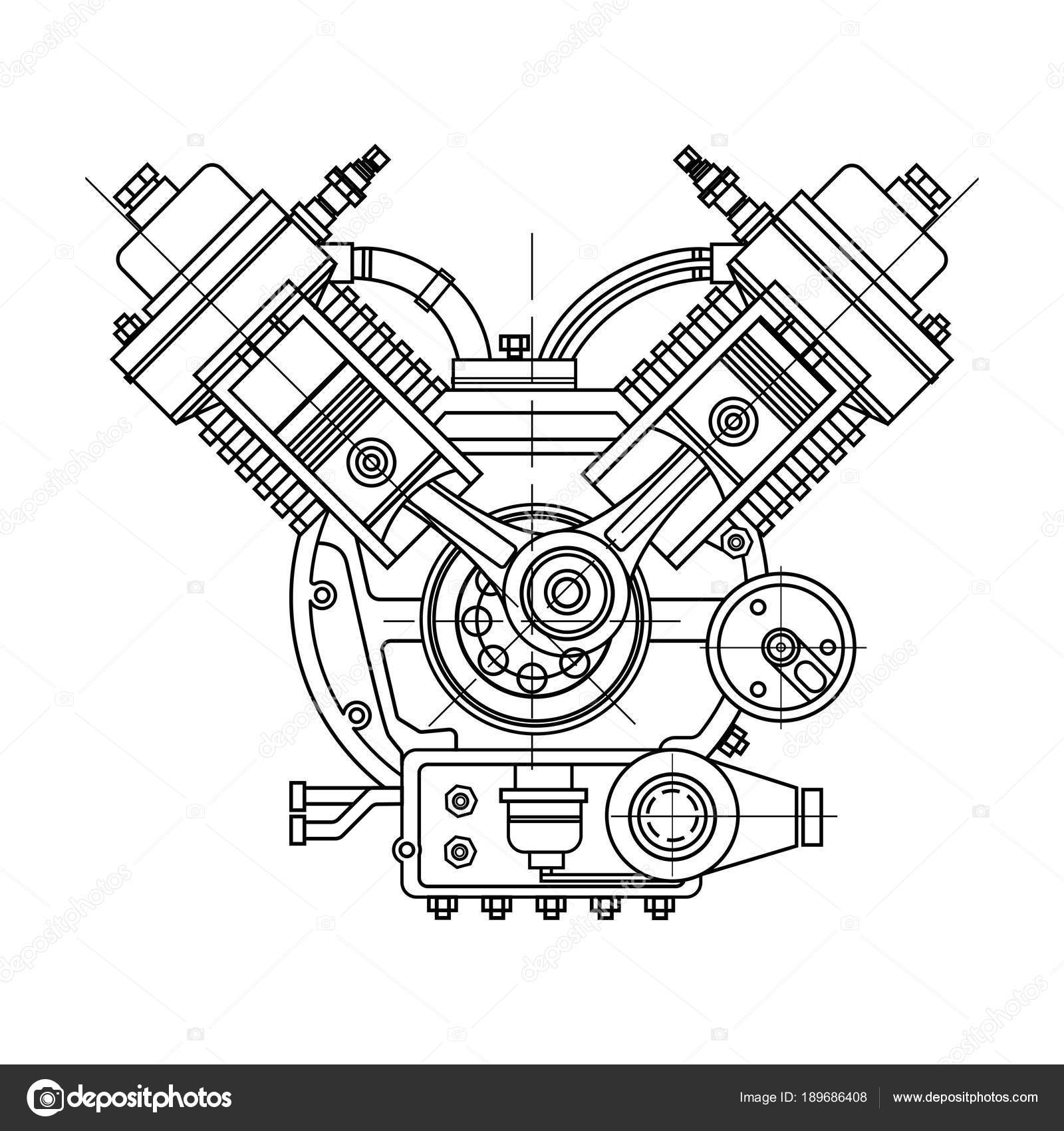 Um motor de combustão interna. O motor de desenho da máquina na seção,  ilustrando a estrutura interna - os cilindros, pistões, a vela de ignição.  Isolado sobre fundo branco . imagem vetorial