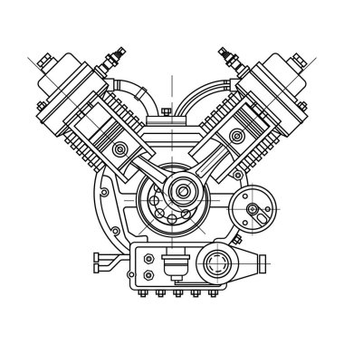Bir içten yanmalı motor. Bölümünde, makinenin iç yapısı - silindir, piston, buji gösteren çizim motoru. Beyaz arka plan üzerinde izole.